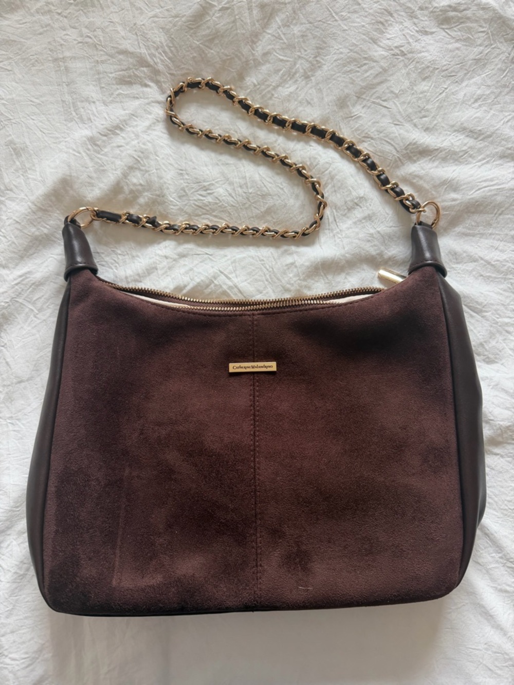 Chocolate Brown Suede Shoulder Bag with Gold Chain Strap